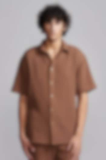 Brown Textured Organic Crinkle Cotton Boxy Shirt by Dash and Dot Men