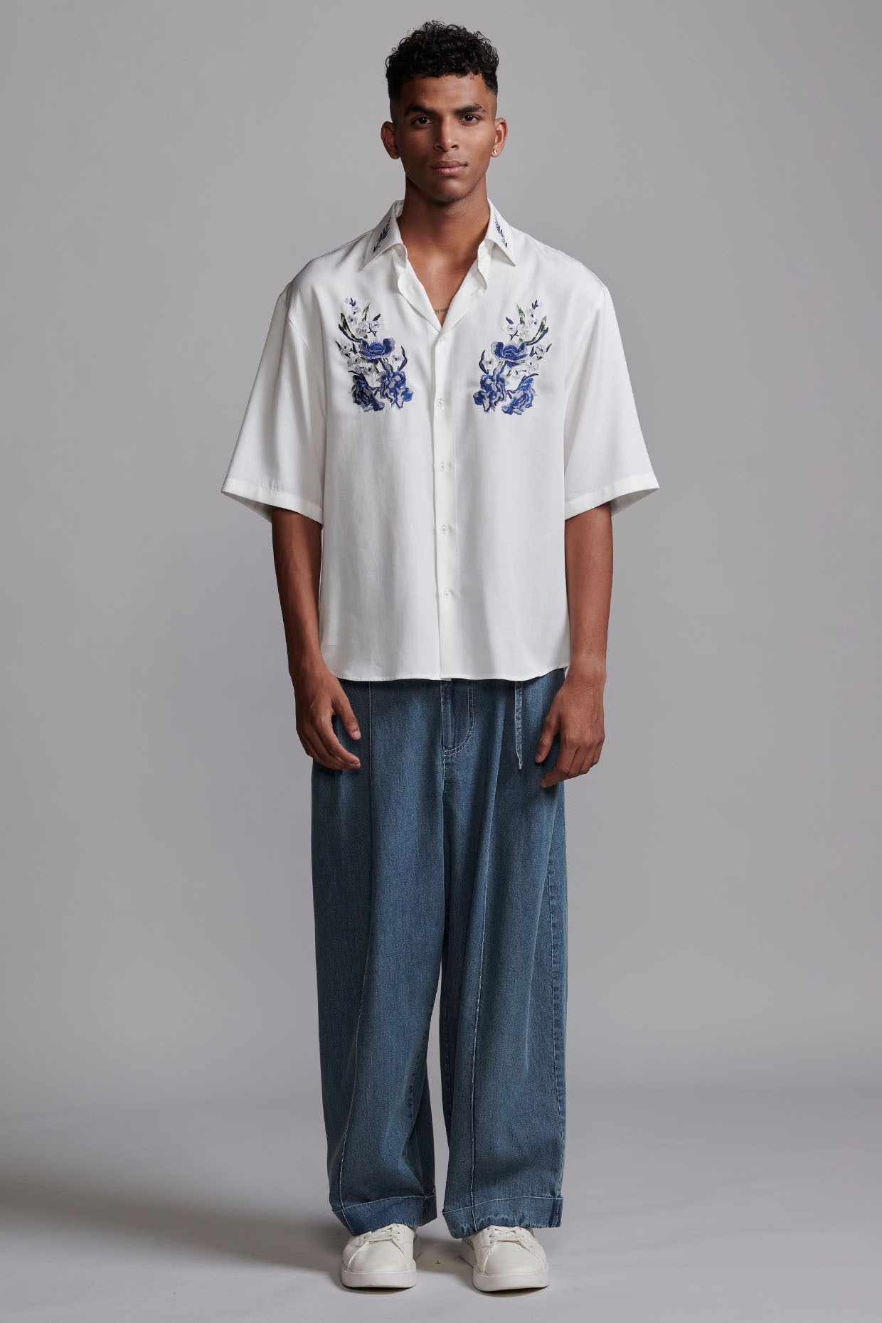 White Tencel Placement Embroidered Boxy Shirt by Dash and