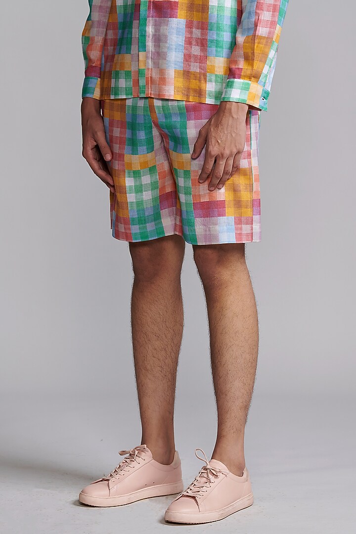 Multi-Colored Linen & Viscose Checkered Printed Shorts by Dash and Dot Men at Pernia's Pop Up Shop