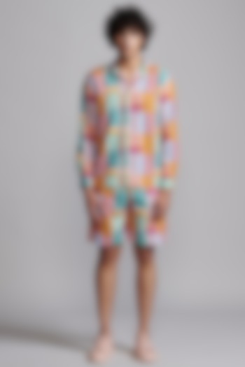 Multi-Colored Linen & Viscose Checkered Printed Co-Ord Set by Dash and Dot Men