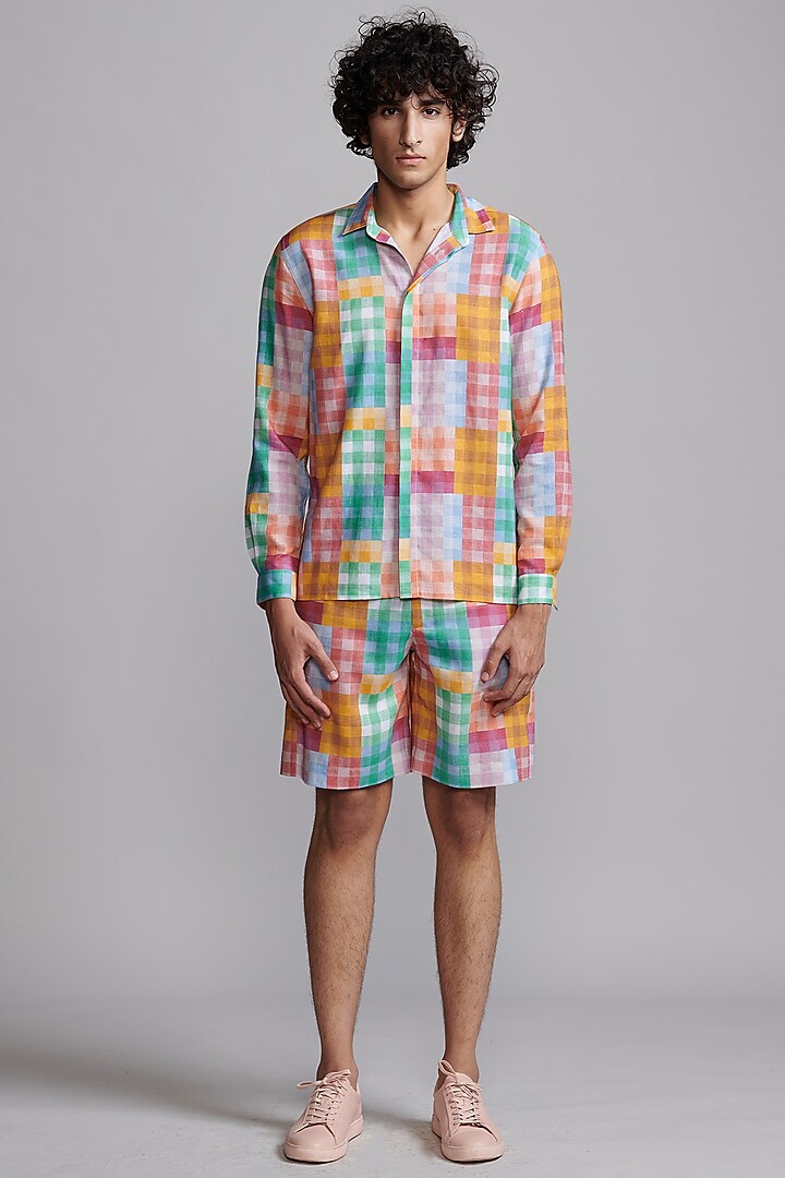 Multi-Colored Linen & Viscose Checkered Printed Co-Ord Set by Dash and Dot Men