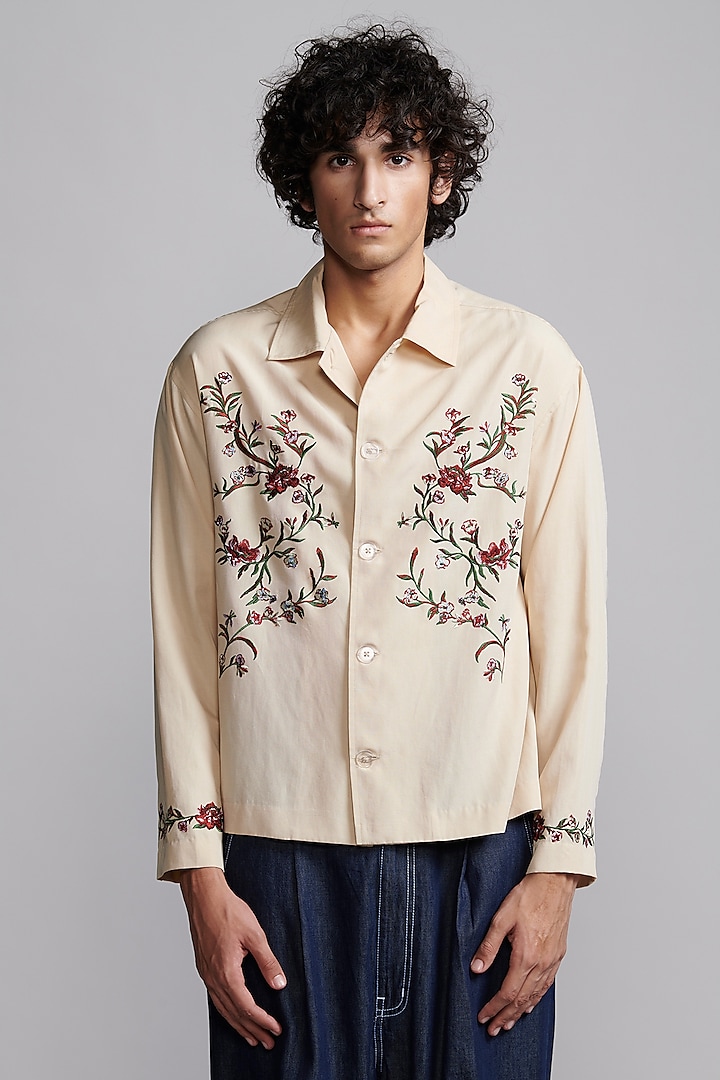 Beige Tencel Embroidered Shirt by Dash and Dot Men