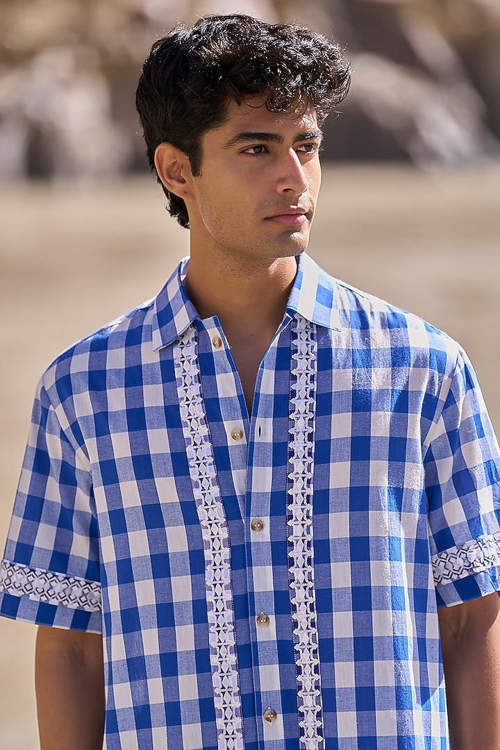 Blue Organic Cotton Checkered Summer Shirt by Dash and Dot Men at Pernia's Pop Up Shop