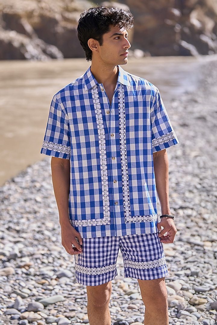 Blue Organic Cotton Checkered Co-Ord Set by Dash and Dot Men at Pernia's Pop Up Shop