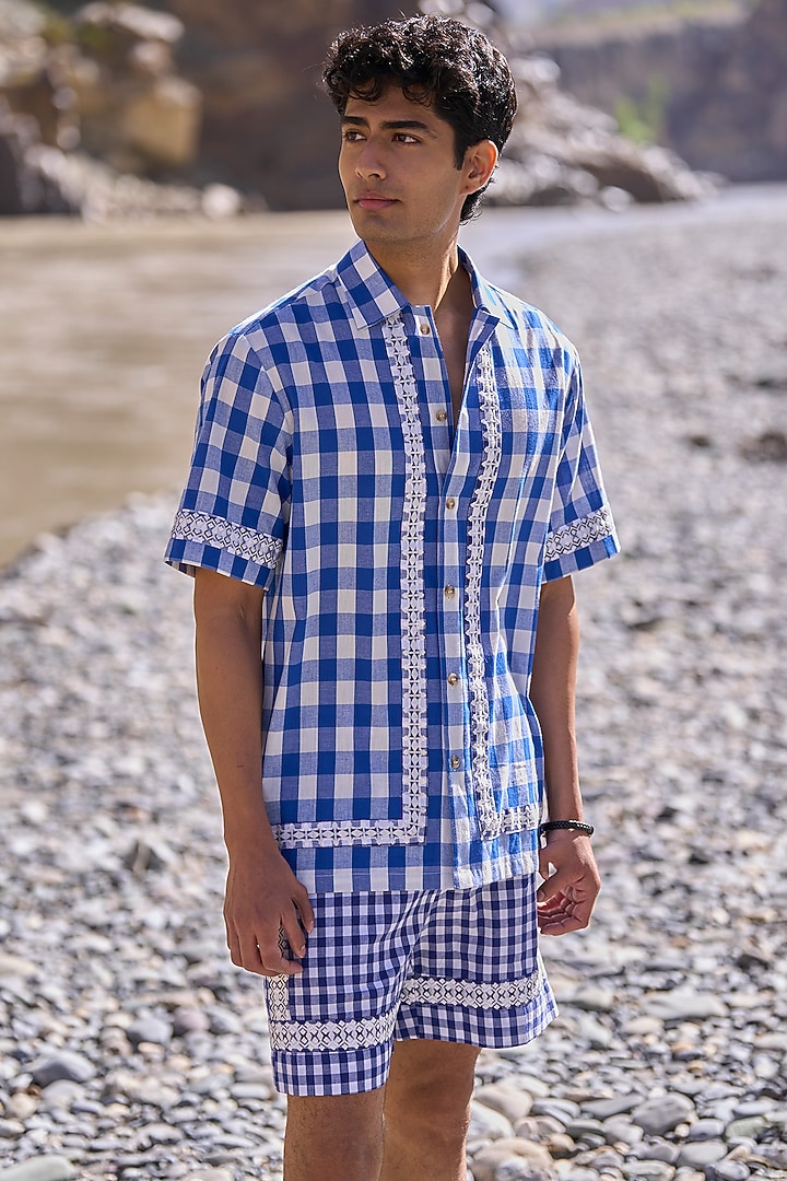 Blue Organic Cotton Checkered Co-Ord Set by Dash and Dot Men at Pernia's Pop Up Shop