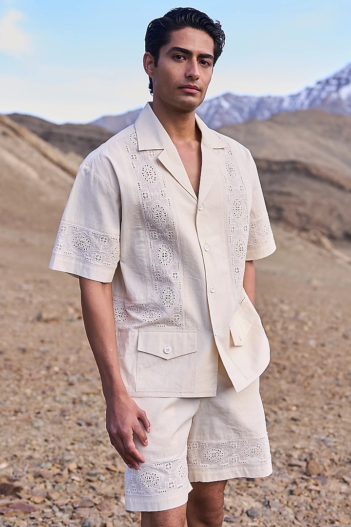 Natural Beige Organic Kora Cotton Schiffli Embroidered Summer Shirt by Dash and Dot Men at Pernia's Pop Up Shop