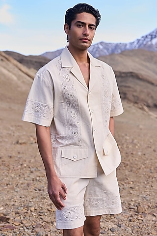 Natural Beige Organic Kora Cotton Schiffli Embroidered Shirt by Dash and Dot Men