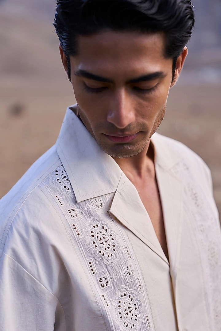 Natural Beige Organic Kora Cotton Schiffli Embroidered Summer Shirt by Dash and Dot Men at Pernia's Pop Up Shop