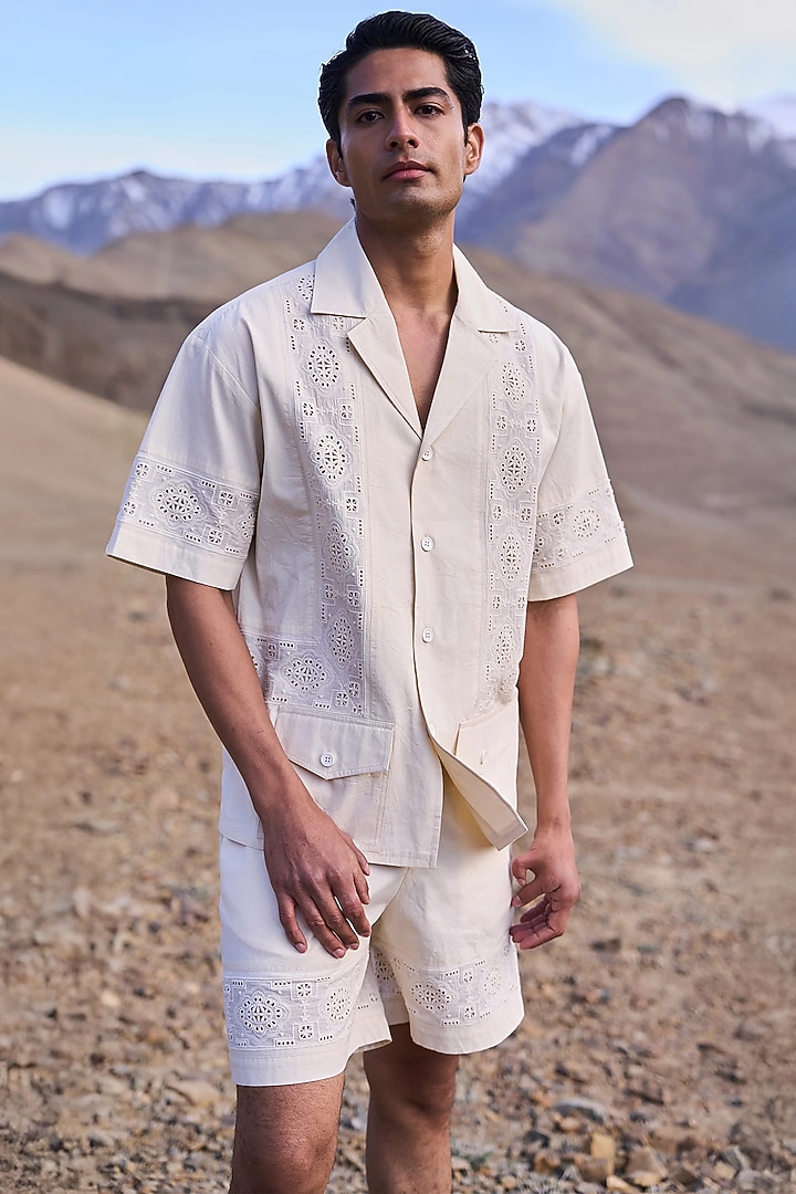 Natural Beige Organic Kora Cotton Schiffli Embroidered Shorts by Dash and Dot Men