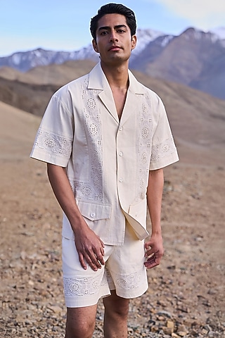 Natural Beige Organic Kora Cotton Schiffli Embroidered Shorts by Dash and Dot Men