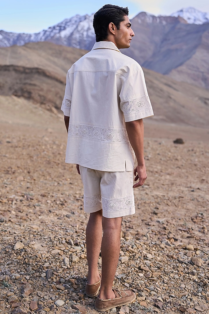 Natural Beige Organic Kora Cotton Schiffli Embroidered Shorts by Dash and Dot Men at Pernia's Pop Up Shop