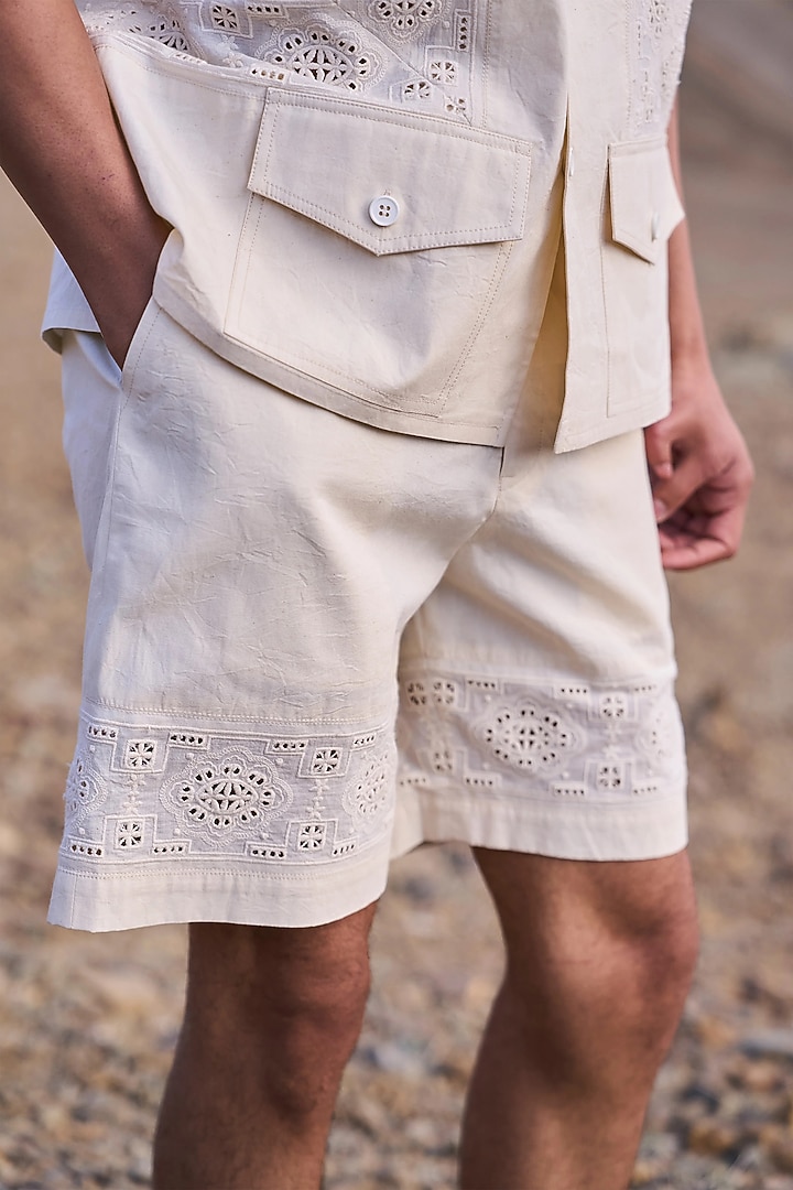 Natural Beige Organic Kora Cotton Schiffli Embroidered Shorts by Dash and Dot Men at Pernia's Pop Up Shop