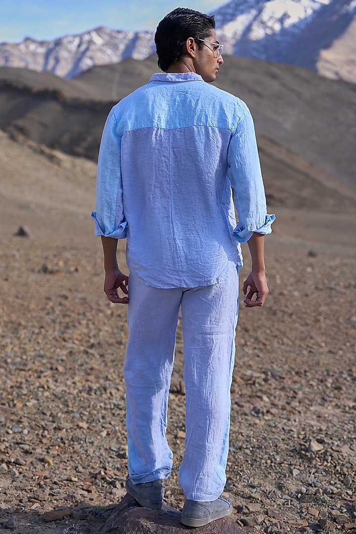 Blue Linen Color-Blocked Party Wear Shirt by Dash and Dot Men at Pernia's Pop Up Shop