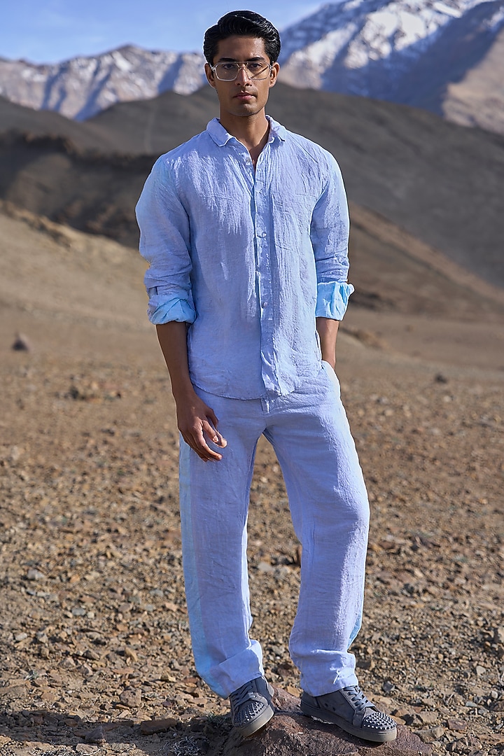 Blue Linen Color-Blocked Party Wear Shirt by Dash and Dot Men at Pernia's Pop Up Shop