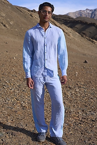 Blue Linen Striped Pants by Dash and Dot Men