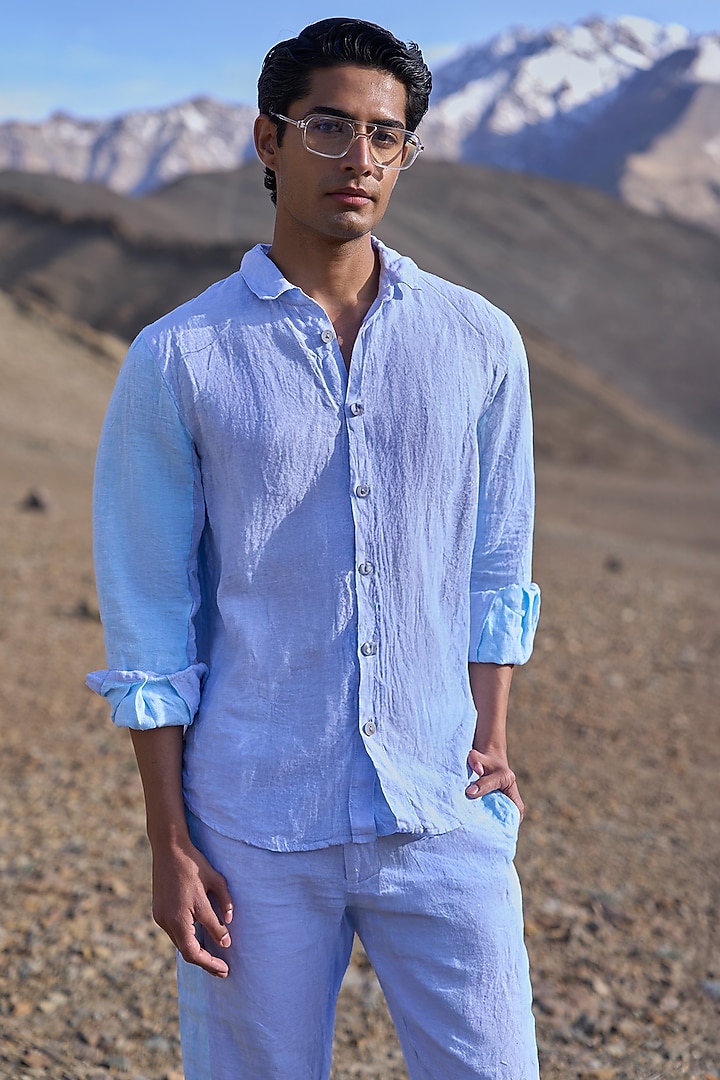 Blue Linen Color-Blocked Co-Ord Set by Dash and Dot Men at Pernia's Pop Up Shop