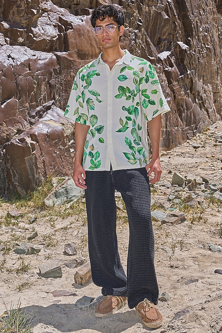 Black Organic Cotton Textured Straight Pants by Dash and Dot Men