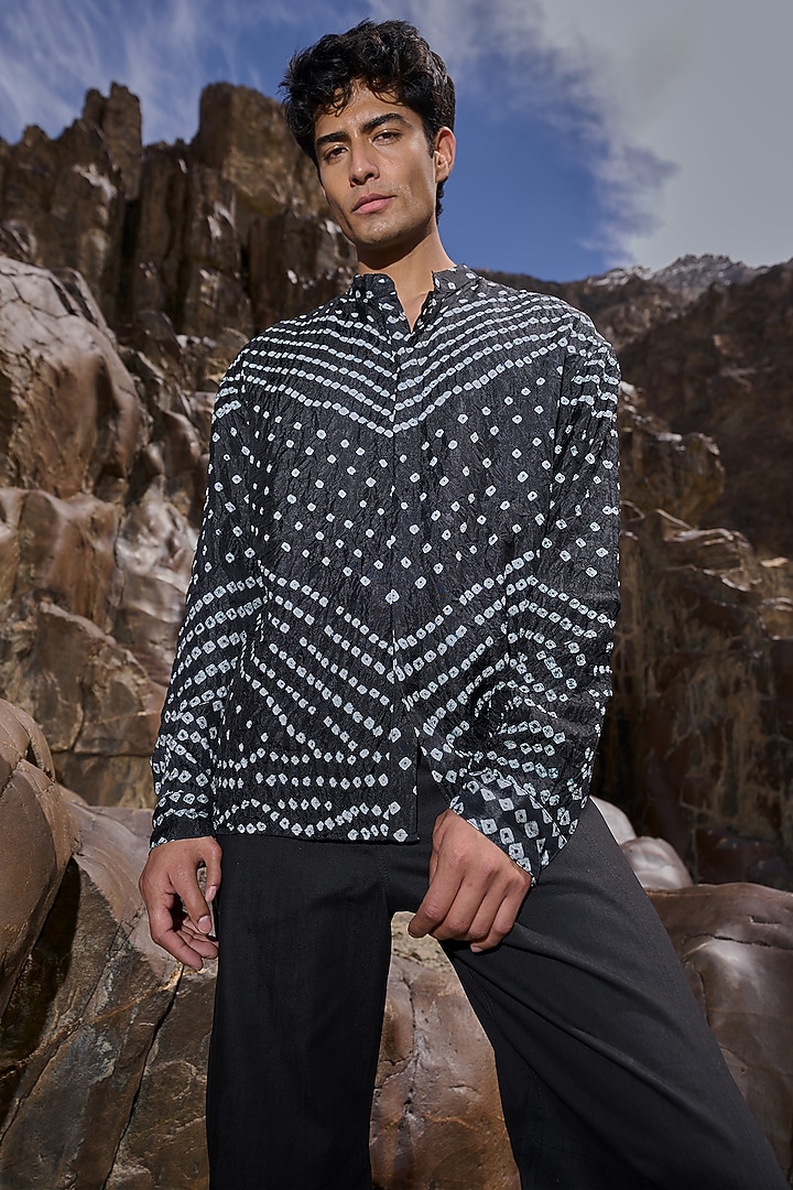 Black Viscose Bandhani Summer Shirt by Dash and Dot Men at Pernia's Pop Up Shop
