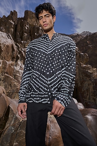Black Viscose Bandhani Shirt by Dash and Dot Men