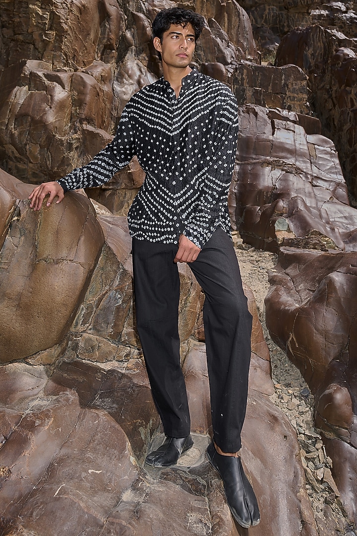 Black Viscose Bandhani Summer Shirt by Dash and Dot Men at Pernia's Pop Up Shop