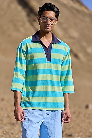 Pastel Blue & Green Organic Cotton Striped Polo T-Shirt by Dash and Dot Men