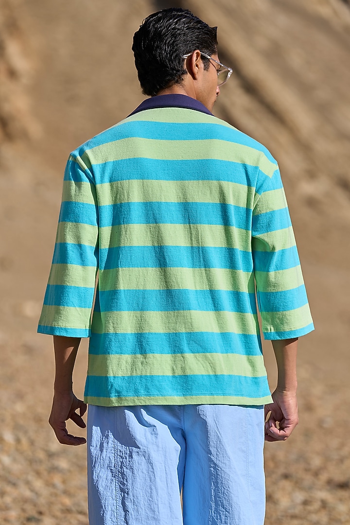 Pastel Blue & Green Organic Cotton Striped Polo T-Shirt by Dash and Dot Men at Pernia's Pop Up Shop
