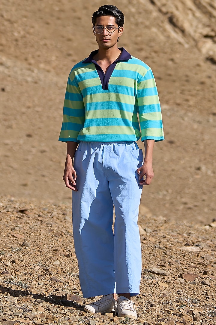 Pastel Blue & Green Organic Cotton Striped Polo T-Shirt by Dash and Dot Men at Pernia's Pop Up Shop