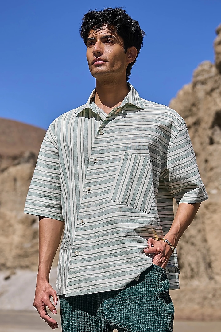 Multi-Colored Cotton Linen Striped Summer Shirt by Dash and Dot Men at Pernia's Pop Up Shop
