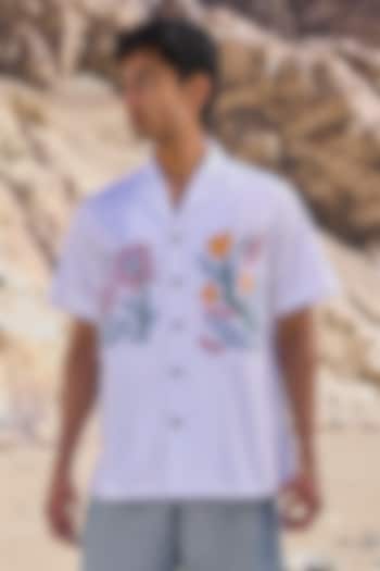 White Organic Cotton Floral Embroidered Camp Summer Shirt by Dash and Dot Men at Pernia's Pop Up Shop