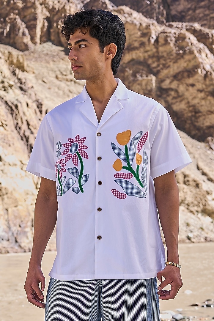 White Organic Cotton Floral Embroidered Camp Summer Shirt by Dash and Dot Men at Pernia's Pop Up Shop