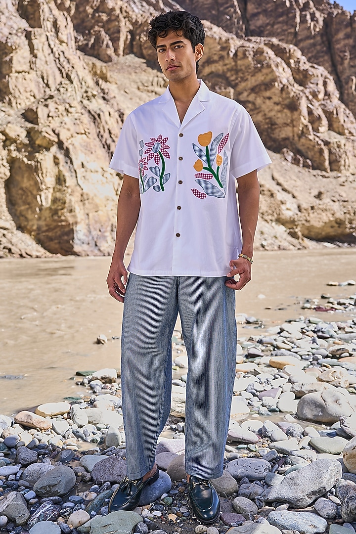 Indigo & White Organic Cotton Striped Barrel Pants by Dash and Dot Men