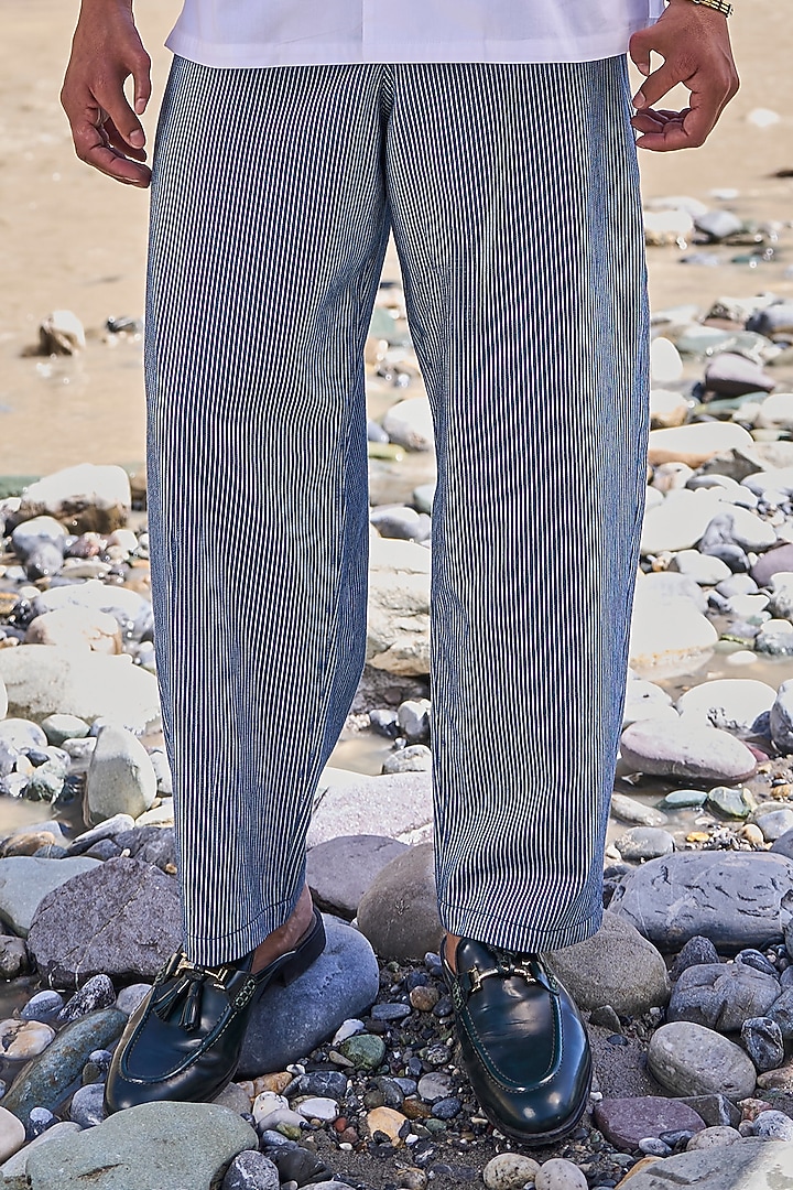 Indigo & White Organic Cotton Striped Barrel Pants by Dash and Dot Men at Pernia's Pop Up Shop
