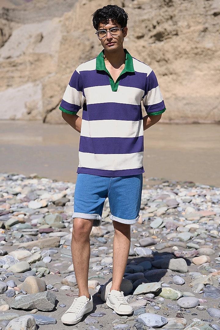 Blue & White Organic Cotton Striped Polo T-Shirt by Dash and Dot Men at Pernia's Pop Up Shop