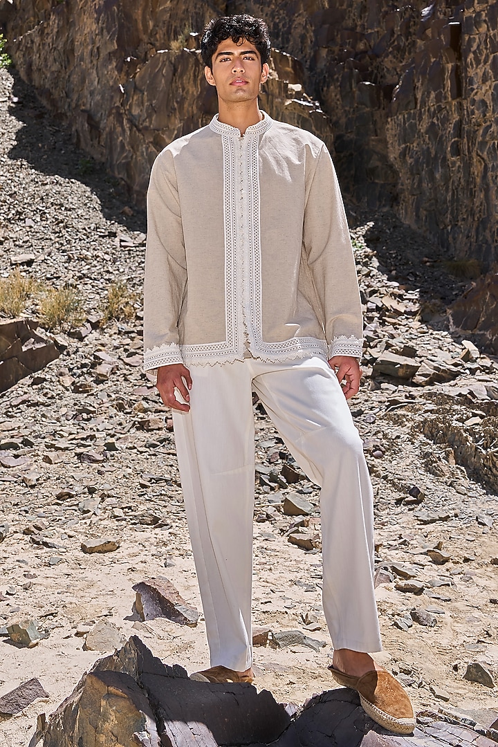 Khaki Organic Cotton Boxy-Fit Party Wear Shirt by Dash and Dot Men at Pernia's Pop Up Shop
