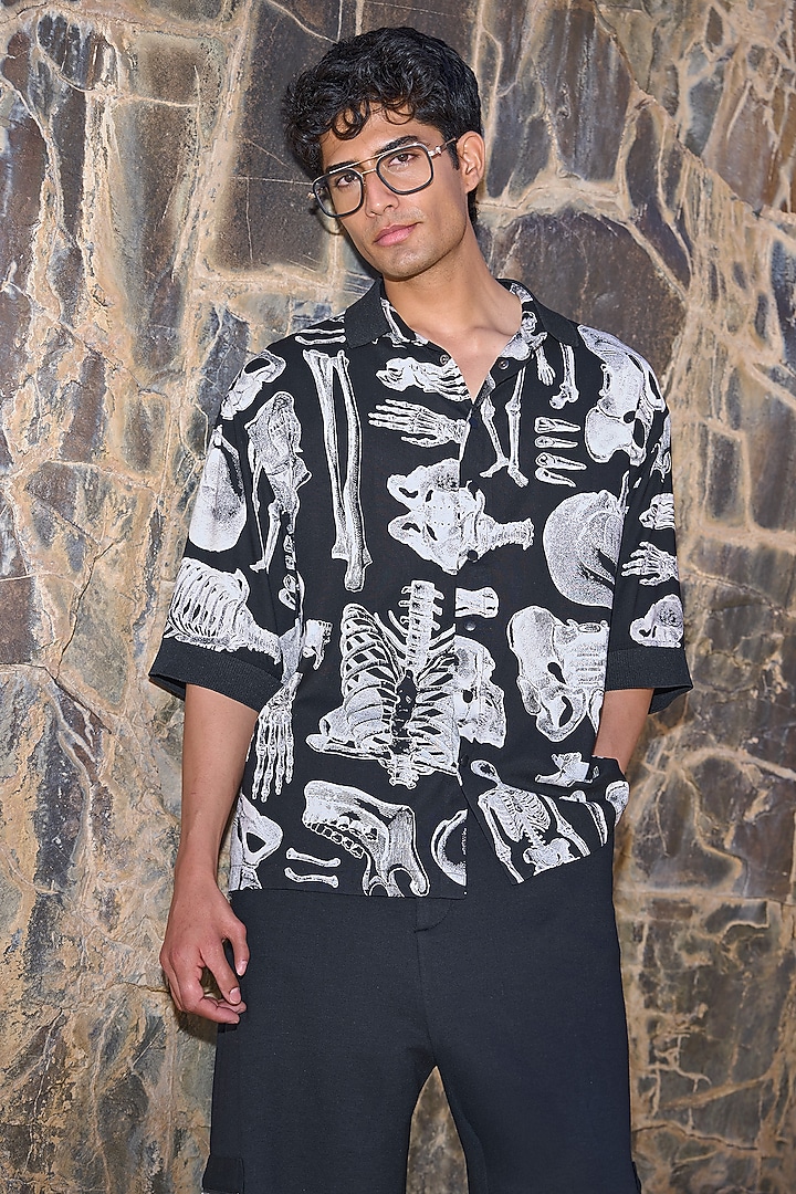 Black Rayon Skull & Bone Printed Shirt by Dash and Dot Men