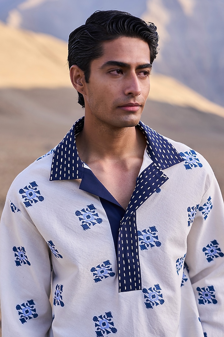 Natural & Beige Organic Cotton Ikat Motif T-Shirt by Dash and Dot Men at Pernia's Pop Up Shop