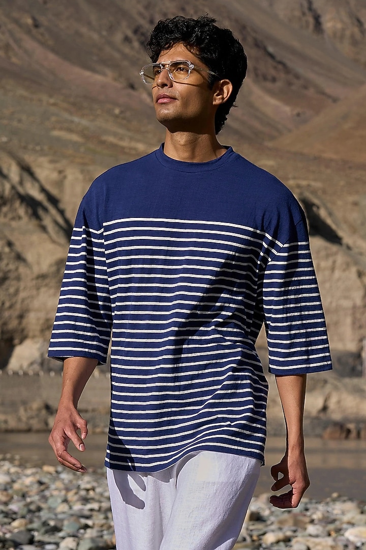 Blue & Ivory Organic Cotton Striped T-Shirt by Dash and Dot Men