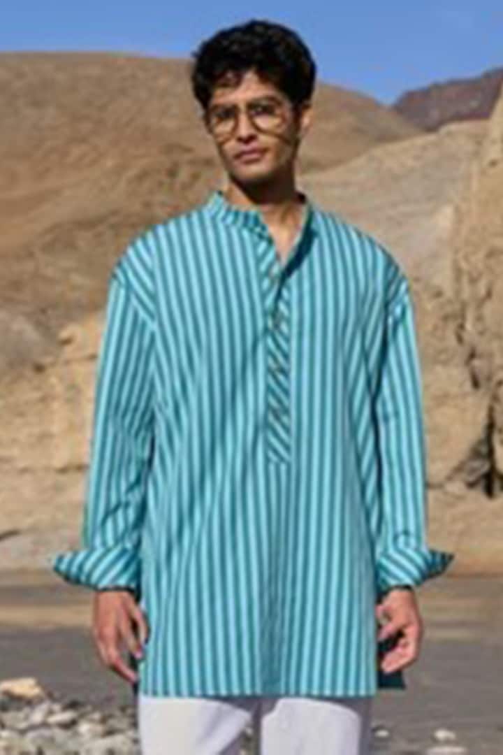 Seafoam & Sky Blue Linen Striped Shirt by Dash and Dot Men