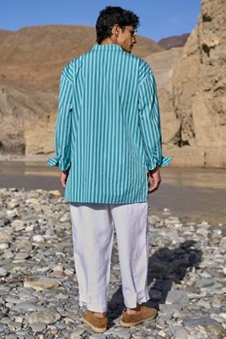 Seafoam & Sky Blue Linen Striped Summer Shirt by Dash and Dot Men at Pernia's Pop Up Shop