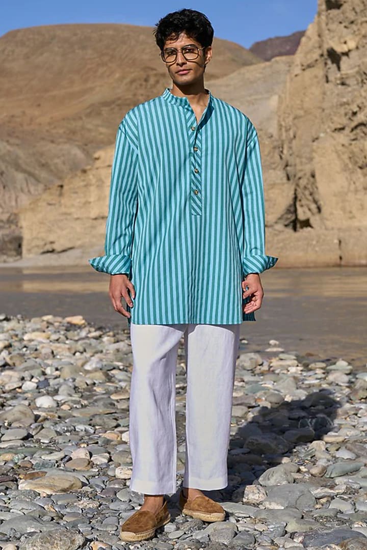 Seafoam & Sky Blue Linen Striped Summer Shirt by Dash and Dot Men at Pernia's Pop Up Shop