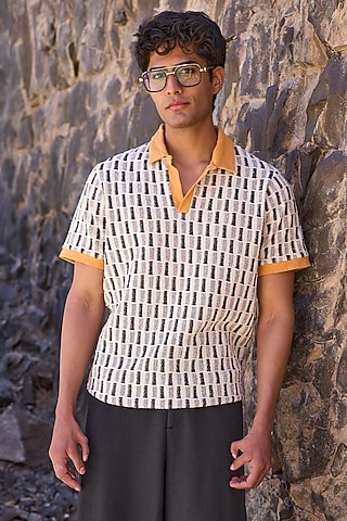 Ivory Organic Cotton Knitted Jacquard Polo T-Shirt by Dash and Dot Men