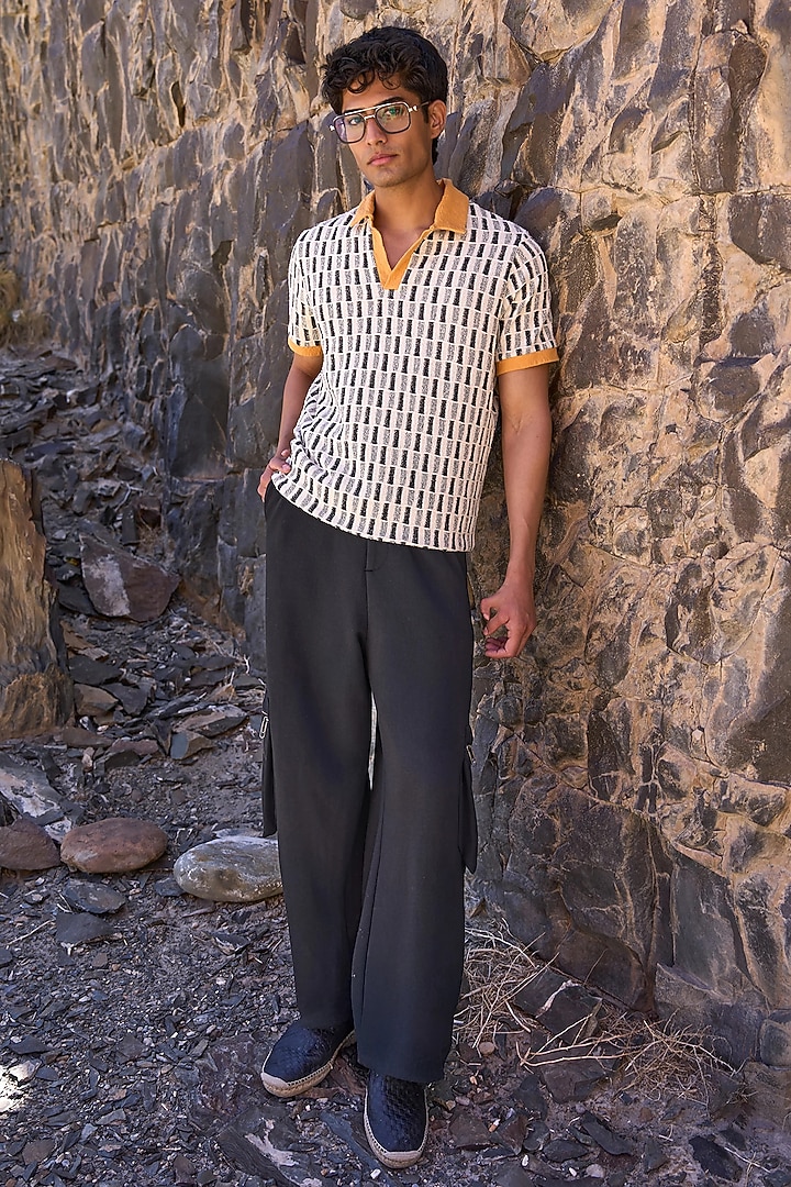 Ivory Organic Cotton Knitted Jacquard Polo T-Shirt by Dash and Dot Men at Pernia's Pop Up Shop