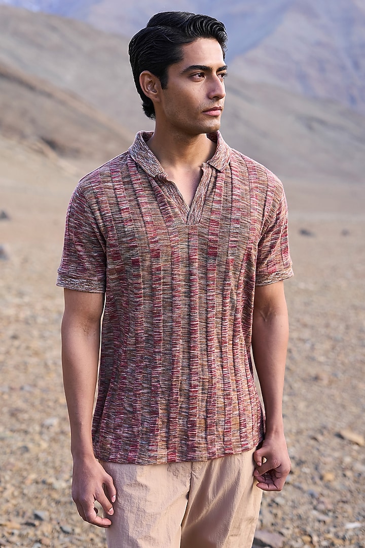 Brown Recycled Polyester Ribbed Polo T-Shirt by Dash and Dot Men