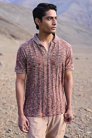 Brown Recycled Polyester Ribbed Polo T-Shirt by Dash and Dot Men