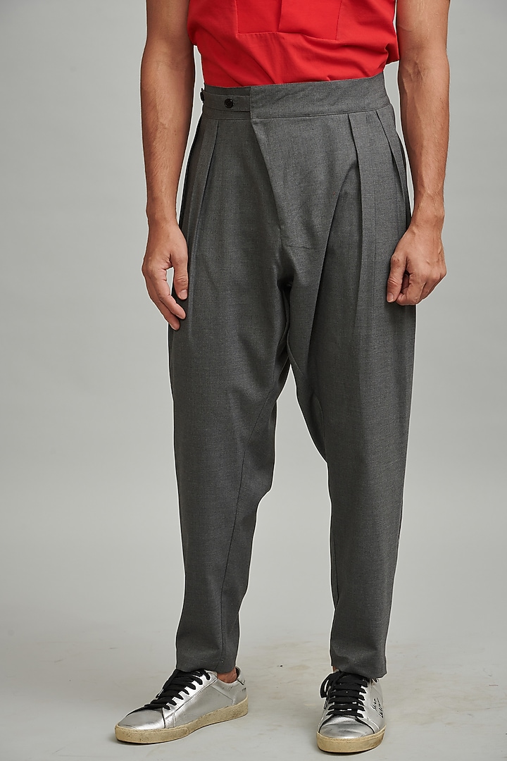 Grey Polyester Pleated Pants by Dash and Dot Men at Pernia's Pop Up Shop