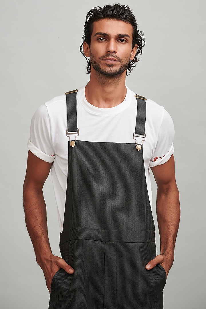 Charcoal Grey Pinstriped Dungaree by Dash and Dot Men at Pernia's Pop Up Shop