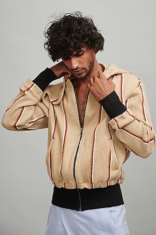 Khaki Textured Knitted Hoodie by Dash and Dot Men