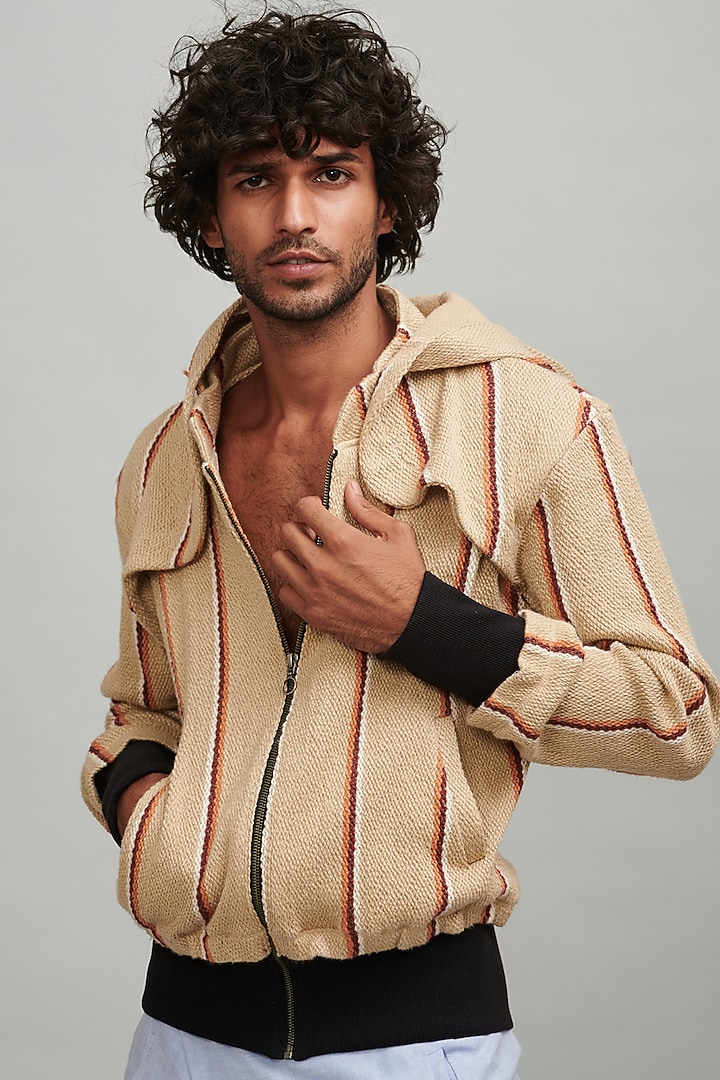 Khaki Textured Knitted Hoodie by Dash and Dot Men at Pernia's Pop Up Shop