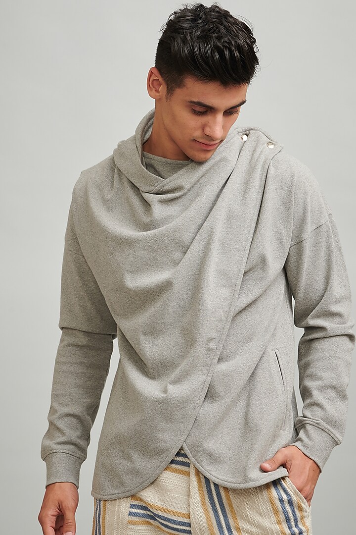 Grey Overlapped Hoodie by Dash and Dot Men at Pernia's Pop Up Shop