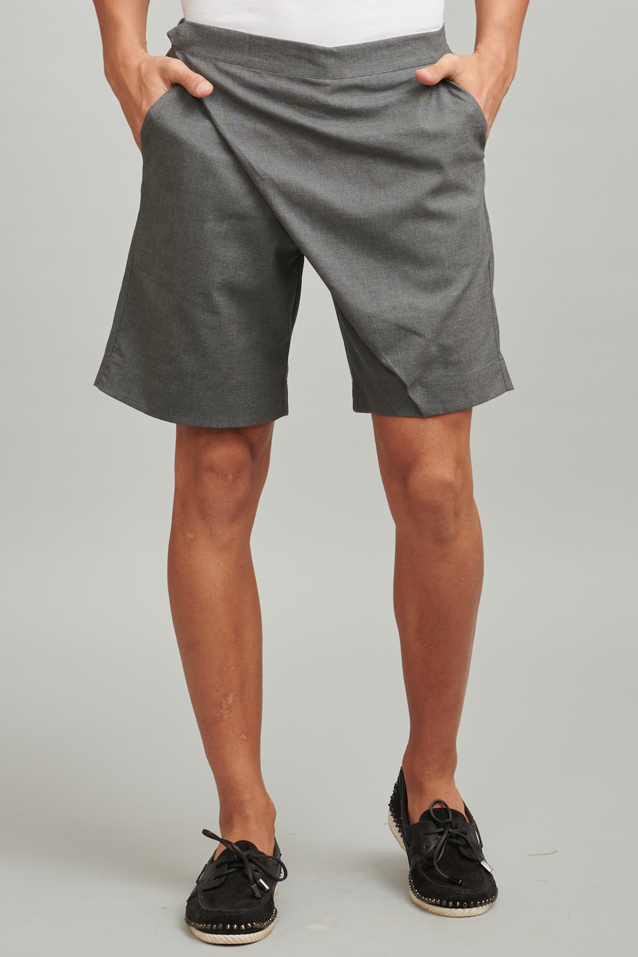 Grey Overlap Wrap Shorts by Dash and Dot Men at Pernia's Pop